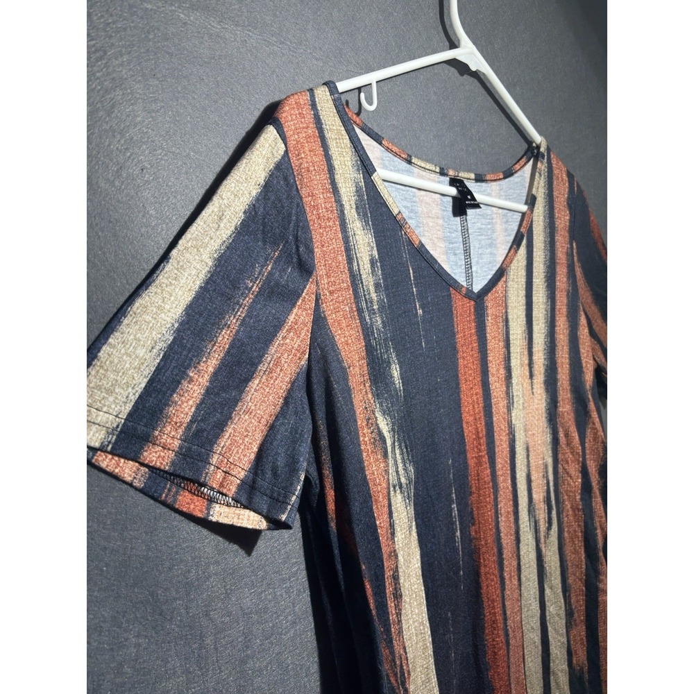 Emery Rose Women's Dress Casual M Brown Striped V-Neck Short Sleeve Stretch Boho - Picture 3 of 14